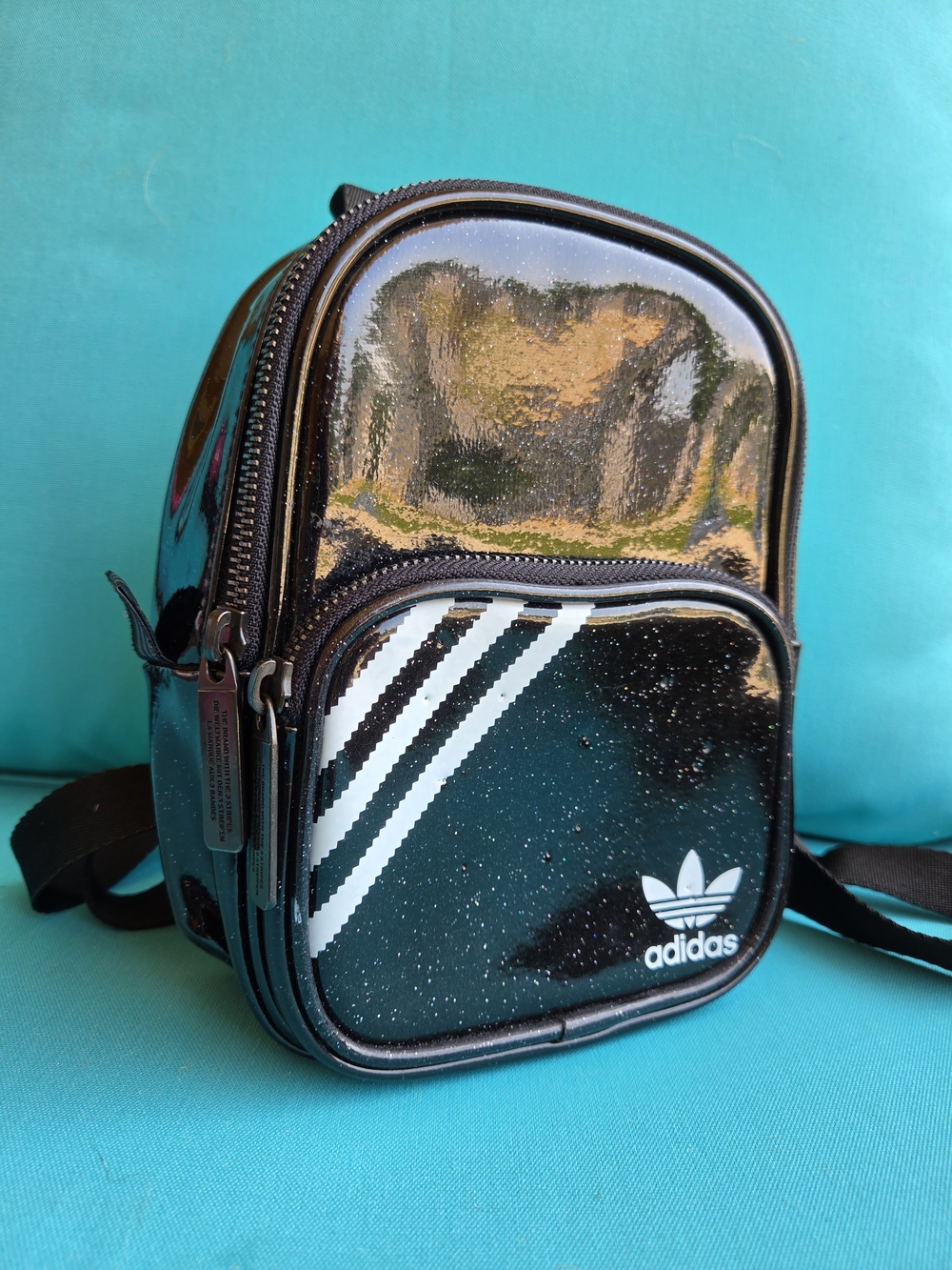 adidas Originals Black Glitter Clear Mini Backpack Crossbody Bag Trefoil 3-Strip